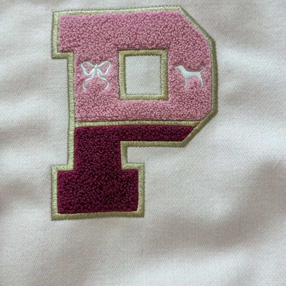LoveShackFancy Pink and White Varsity Jacket with Embroidered P Patch - Picture 5 of 7